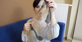 Big dildo is masturbating my totally hairy cunt in blue nylon stockings.