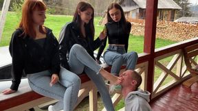 Group Foot Domination And Socks Worship Femdom Outdoor With Sofi, Kira and Dina (MP4 HD 1080p)