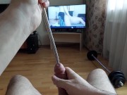 Cumshot through penis urethral plug with glans ring (slow motion cumshot)