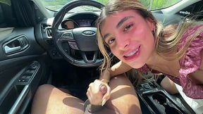Cute teen gives her taxi driver a nice blowjob on the road POV