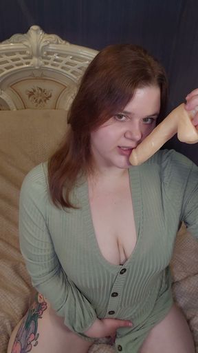 POV Blowjob with a Dildo a Chubby Redhead in a Dress