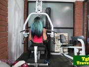 Ebony gym trap pisses in bottle after workout
