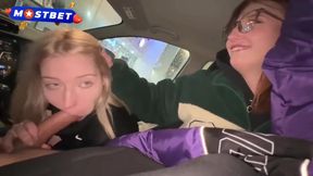 Double blowjobs in the car before public cinema threesome