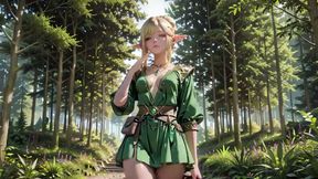 Forest Elf Queen! Kneeling in the Dappled Sunlight, Her Fingertips Tracing the Staff as She Gets Wet.
