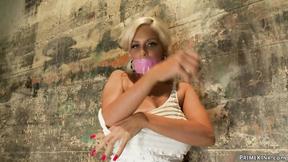 ”Huge boobs blonde fucks machine & toy”