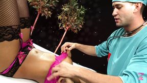 Seductive chestnut-haired in lingerie gets her pussy eaten by a plastic doctor