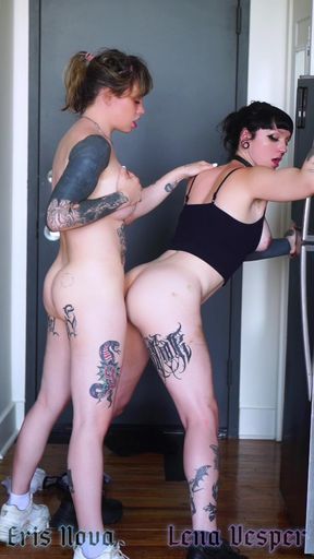 Tattooed Trans Goth & Bimbo Fuck in Kitchen