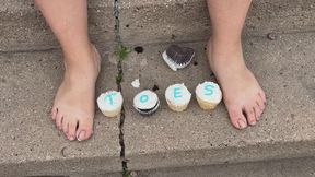 Plump n bratty celebrating foot month by smashing some cupcakes with her big feet outside on the concrete