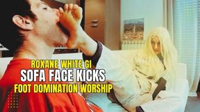 Roxane white gi sofa face kicks foot domination worship