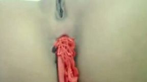 Pink sexy panties stuffed in the dirt hole of my petite girlfriend