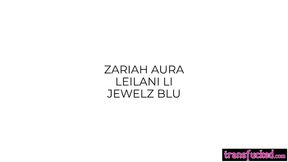 Big ass MILF Jewelz Blu fucked by horny shemales Zariah Aura and Leilani Li