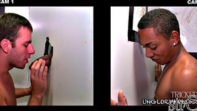 Naive stud gloryhole sucked and stroked by gay dude