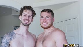 Cheery hotties Canelo Ment and Milo Dawson discussing their gay video