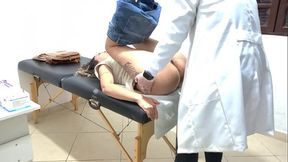 Proctologist performs anal exam on constipated patient.