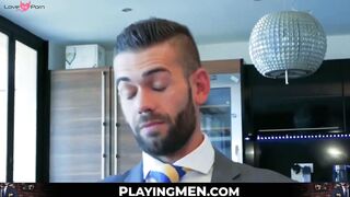 PlayingMen.com - Men in suit and tie vigorously anal pound after wet and sloppy blowj