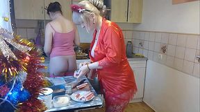 Erotic New Year'_s Eve cooking in a thong and beautiful lingerie.