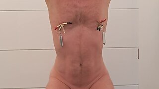 Total tit jewelry with a lot of pain: anal plug, butt plugs, caged slave, and fucked chasity cage clamp ass big