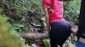 Fit girl's big ass gets cummed on in yoga pants during a public hike