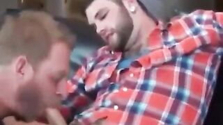 Hairy dude gives a sloppy handjob to his hung stepson in Sucking a Straight Guy 2