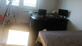 Hairy MILF enjoys clothes cutting and vacuuming in the buff