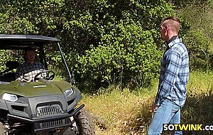 Hot stud goes down on hunk and bareback fucked outdoor