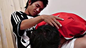 Sporty Asian twink pisses and gets fucked in kinky anal sex