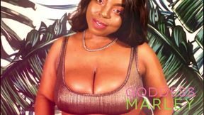 Horny ebony goddess Marley seduces in a bronze bikini and shows off her