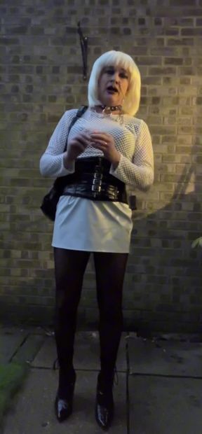 Slut Smoking in white PVC Mini Skirt