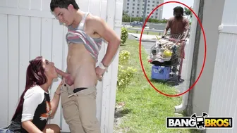Sophia Steele gives Peter Green a public blowjob as a bum strolls by