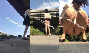 Sissy Slut Gushes Piss Exposes Red Sole Heels Under Bridge Destroyed