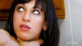 Browsing Instagram got her horny so the pierced brunette goes to suck a big cock