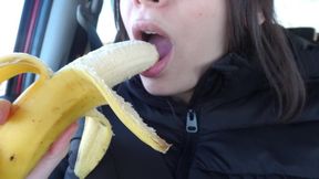 My Indian Stepsister Sucks Banana in Car and Does Mouth Fetish After Sucking Banana and Eating It