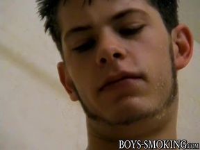 Skinny gay Bleu jerking off while smoking in the shower