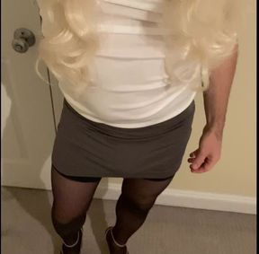 Crossdresser flaunting by walking around in short skirts and dresses, heels and stockings trying to arouse cocks and shemales