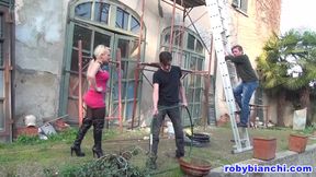Busty Italian MILF Gets Fucked by 2 Big Cocks Outdoors