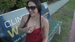 Pigtailed brunette teen exposes her boobies in the street and gets fucked