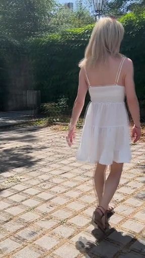 Tranny Girl Slipless Under the Summer Dress! Shameless Public Wanking in the City!