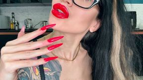 Bright red long nails, finger sucking, black lace lingerie