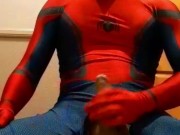 spiderman jerks off in hotel hallway and cums