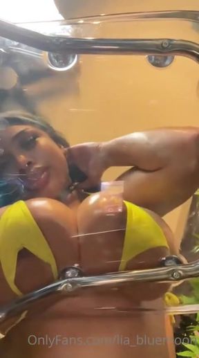 Busty Ebony Girl Rubbing Oiled Tits on a Clear Chair &amp; Riding Her Dildo