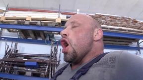 Dirty carpenter nails his bald boss on wooden floor till he begs for mercy