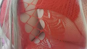 2CupKCindy you see her from the side she is wearing red fishnet red pantyhose fleshing hairy pussy showing of her huge tits tit worship mp4