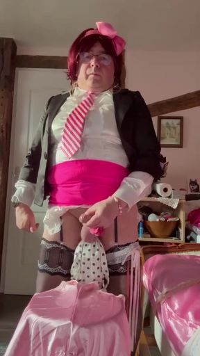 In outfit with a fuchsia mini skirt to cum on panties pink