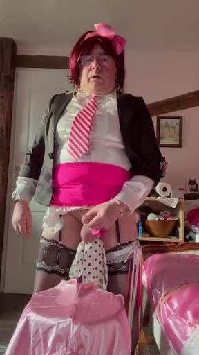 In outfit with a fuchsia mini skirt to cum on panties pink