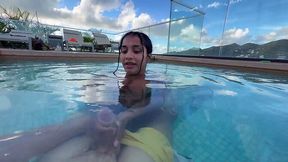 Busty wife gives naughty hotel pool sucking