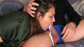 blowjob from the sofa when my stepmom was not expecting it!