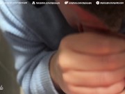 Cute Babe give Blowjob in Public Toilet after perfect Handjob under the Table - Fast Food Restaurant