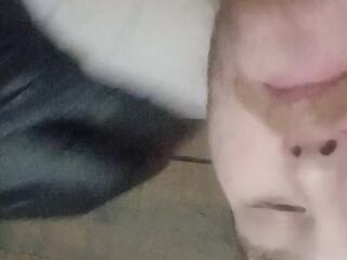 Silly guy almost gets all 17in double sideded dildo! And precum taste test