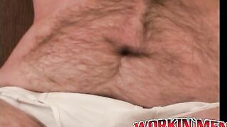 Thick older dude with glasses touches himself and jerks off