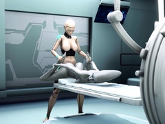 Female android plays with an alien in the lab